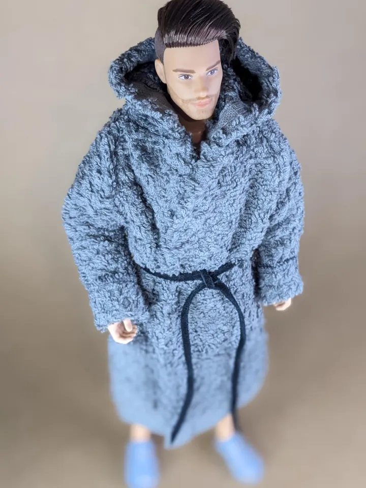 Gray terry bathrobe with a hood for 12-inch fashion male doll