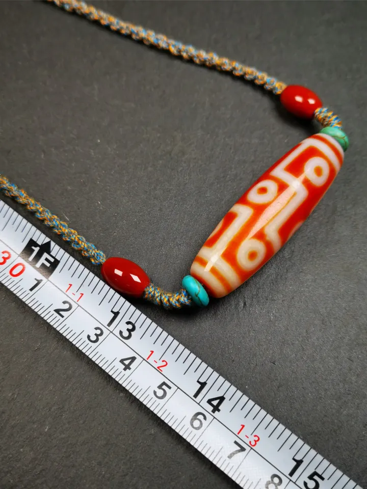 Gandhanra Unique Tibetan Fire Agate 9 Eyes Dzi Bead Necklace,1.93&quot; x 0.59&quot;