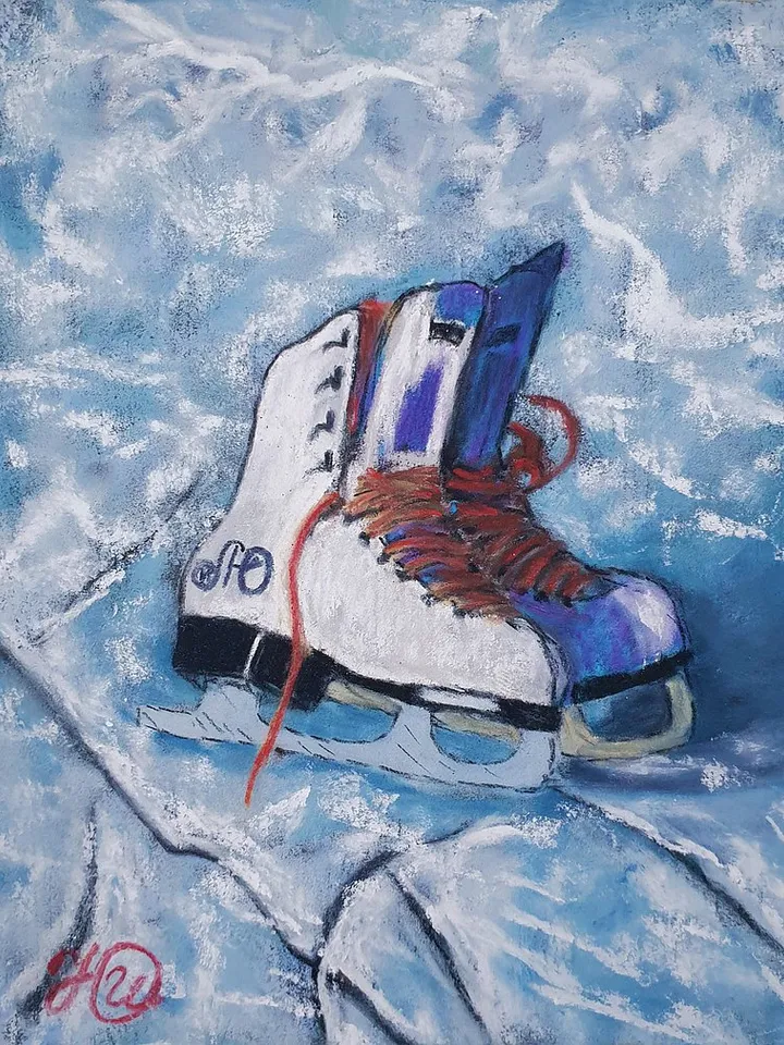 Ice Skates Painting Christmas Original Art Winter Wall Art Frame Painting