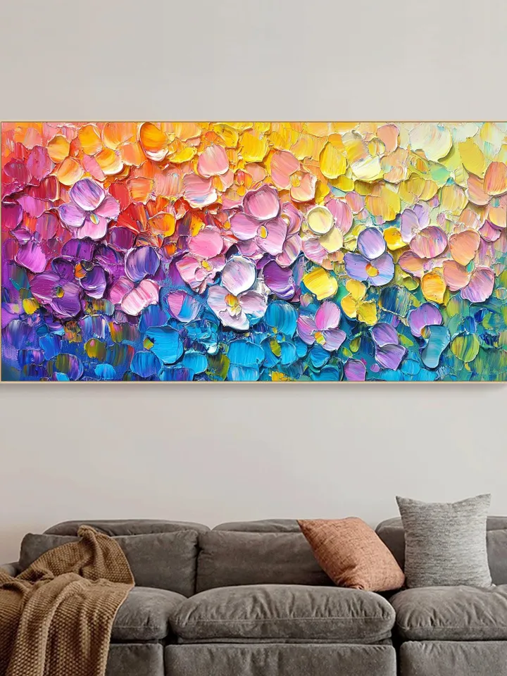 Rainbow Floral Impasto Painting, Original Textured Flower Art, Colorful Wall Art, 3D Canvas Art, Modern Floral Decor, Living Room Decor