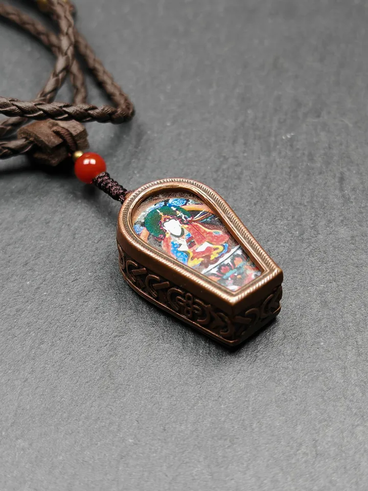 Gandhanra Antique Handmade Gau Ghau Shrine,Guru Rinpoche Gau Amulet, Mini Tibetan Buddhist Altar Amulet Pendant,Made of Red Copper
