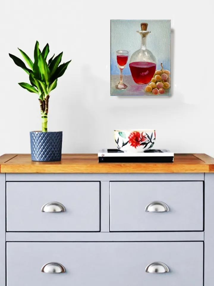 Wine Decanter Painting Grape Fruit Original Oil Painting on Canvas, Wine Glass Still Life Painting 10" x 8"
