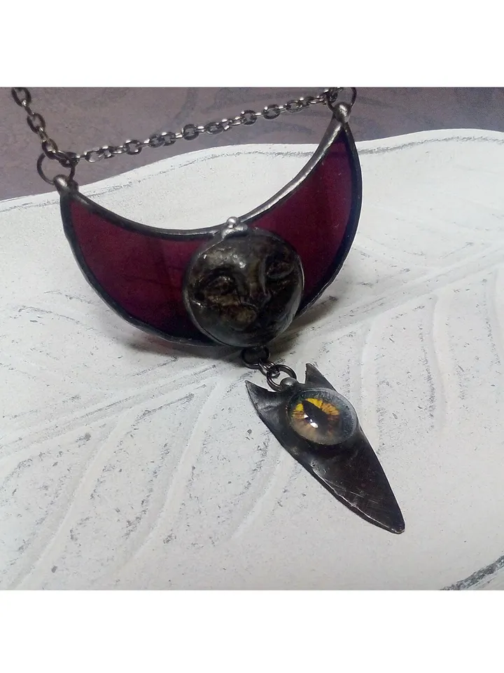 Moon crescent necklace, blood moon necklace, Moon Goddess, black Lilith, Halloween moon, witchy aesthetic, witch bat