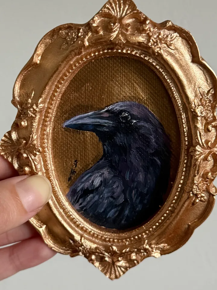 Framed Raven Painting Small Original Corvid Artwork Crow Art Tiny Oil Painting Bird Oval Frame