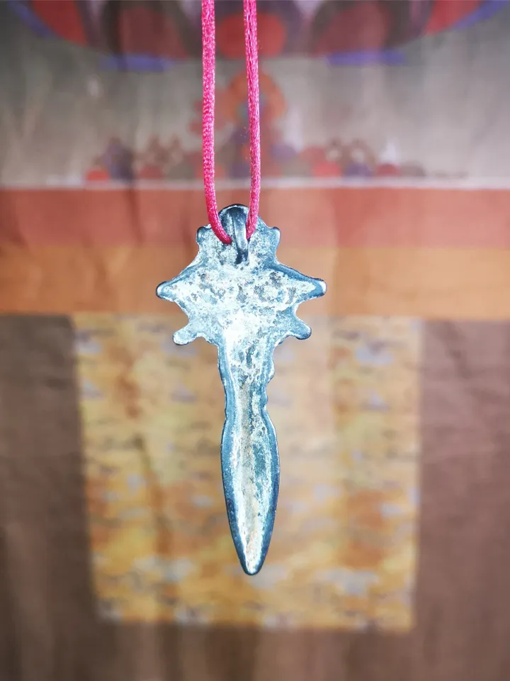Gandhanra Antique Tibetan Amulet Necklace,Cross Vajra Phurba,Kila(Dorje Phurba) ,Made of Thokcha,70 Years Old,2.36"
