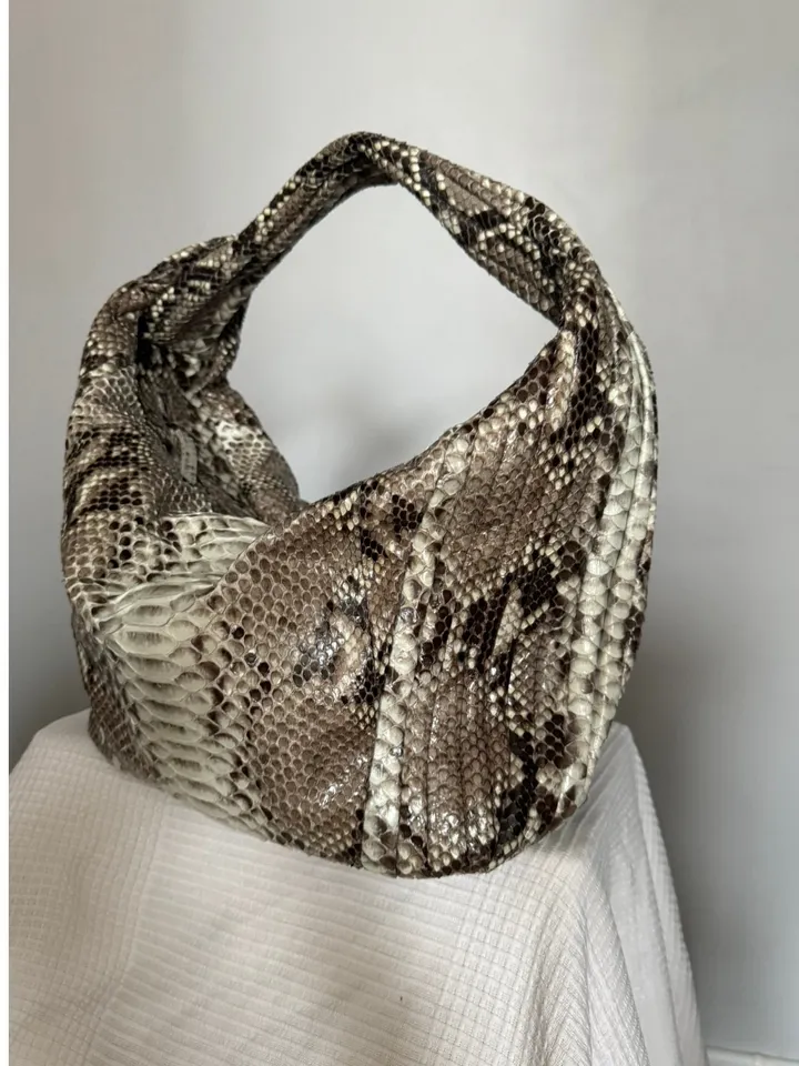 Soft Hobo Classy Sport Woman Stitched Bag | Purse Genuine Python Skin | Gray Big Elegant Leather Designer Soft Bag Snake | reptile hobo