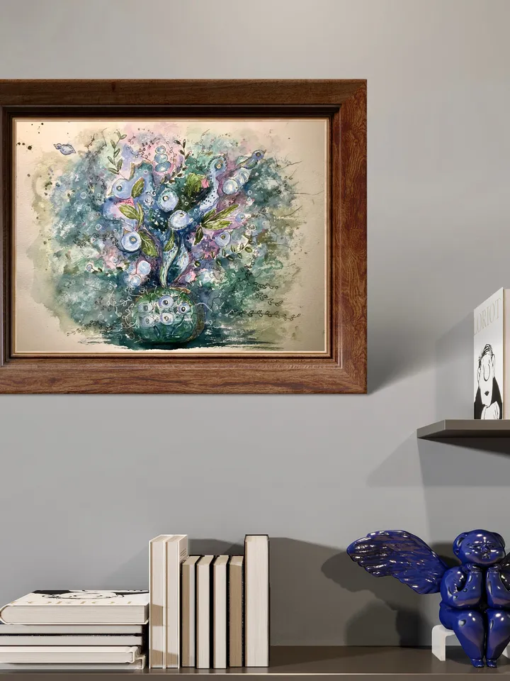 Floral fantasy original watercolor painting on paper, unique handmade artwork, wall art, home decor, blue green pink abstract fantasy art.