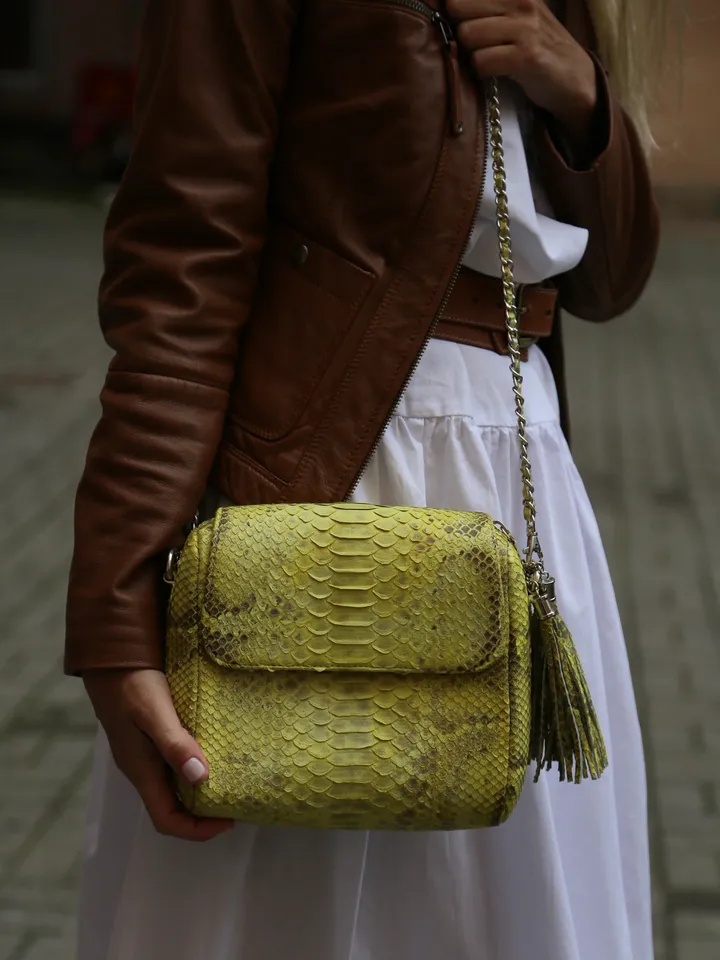 Genuine python skin crossbody chain yellow snake print tassel bag, summer bag elegant leather, snakeprint bag, convertable bag, yellow bag