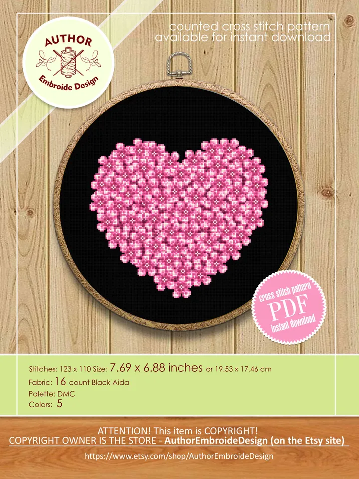 Flower heart cross stitch pattern PDF download Pink flowers cross stitch chart digital, Floral heart ornament for hand embroidery PDF #P37