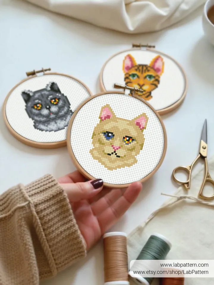 Bundle of 4 mini breed cat Cross stitch pattern, kitten, animals, beginner counted, modern chart, gift DIY, embroidery, instant PDF
