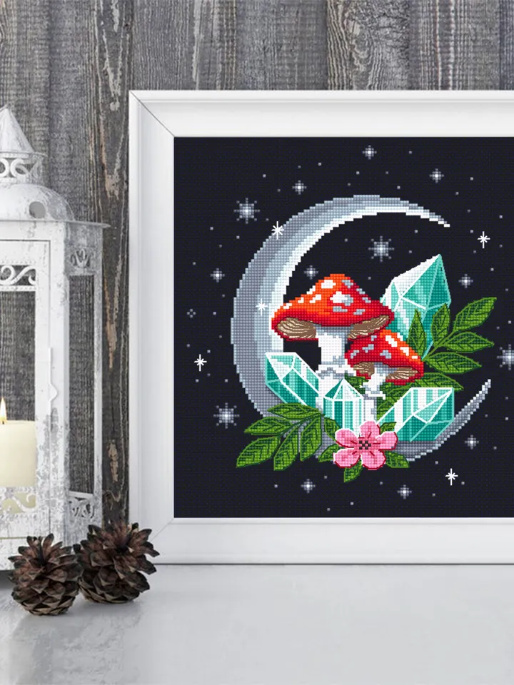 Magic mushroom moon cross stitch pattern PDF download Amanita mushroom cross stitch chart, Mystical crystal moon embroidery, Fly agaric #L53