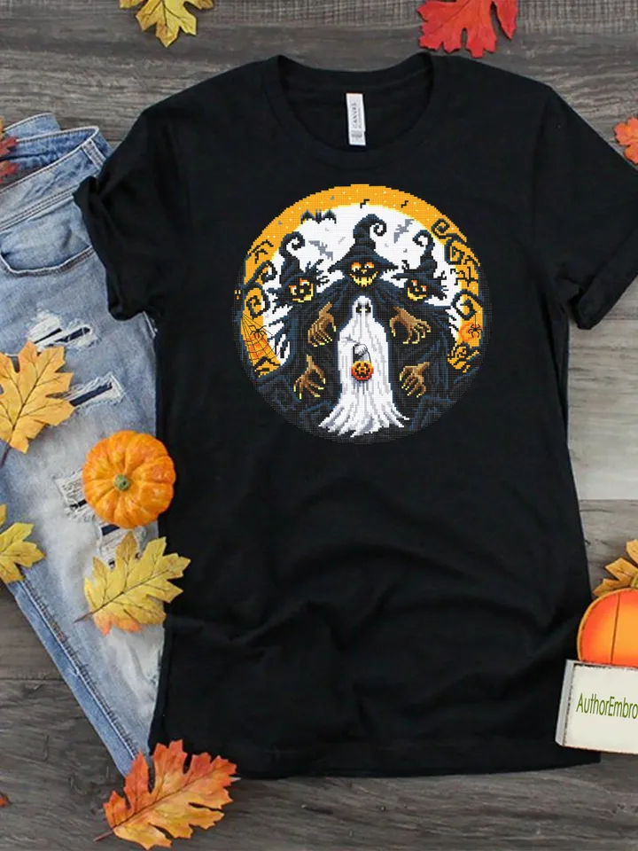 Scary Halloween cross stitch pattern PDF download Spooky ghost cross stitch chart Happy Halloween night, Halloween witch embroidery PDF #H61