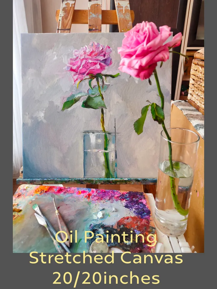 Painting "Pink Rose" Flowers Painting Oil Impasto Palette Knife Stretched canvas 20 x 20 inches Author: Nata_Lena_Art