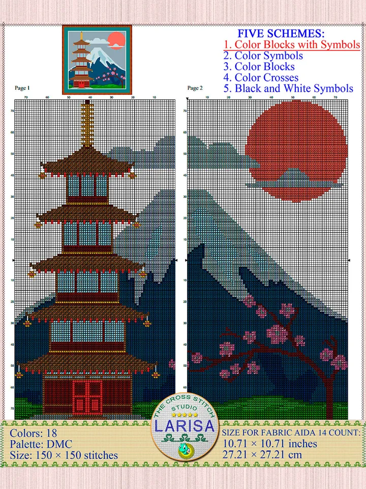 Pagoda Cross Stitch Pattern | Mount Fuji
