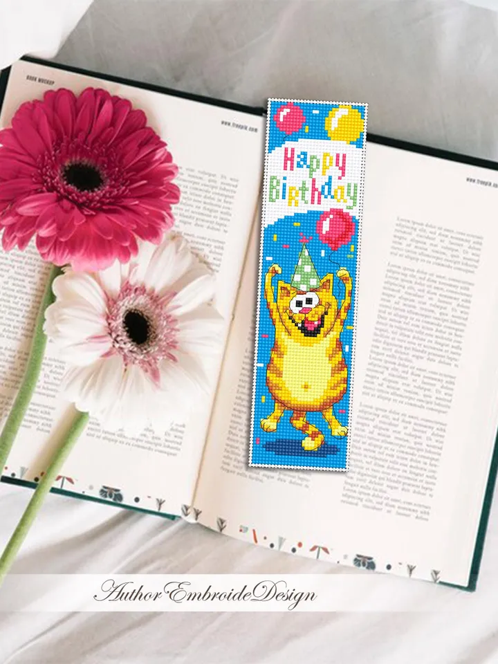 Birthday bookmark cross stitch pattern PDF download Funny cat cross stitch chart, Cat bookmark pattern digital PDF, Happy birthday #B458