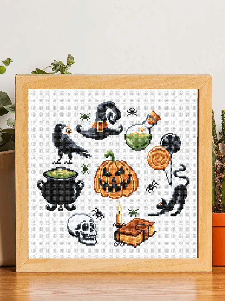 Halloween cross stitch pattern download PDF Beginner stitch Magic horror cross stitch Witch black cat stitch chart Halloween embroidery #H30