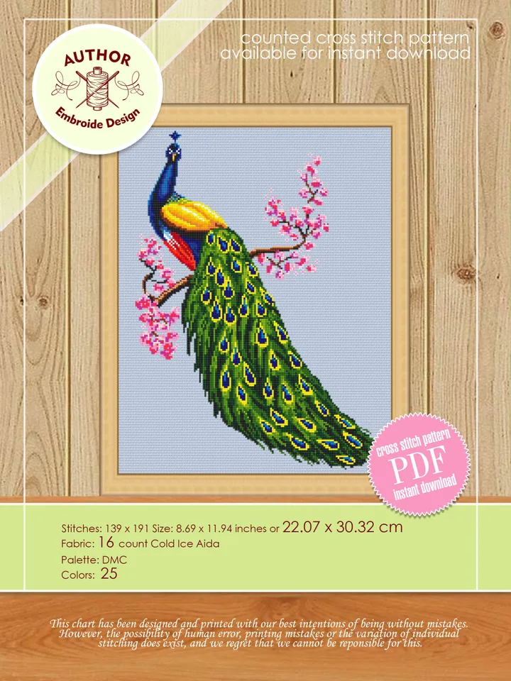 Peacock cross stitch pattern download PDF, Colorful bird hand embroidery PDF, Peacock feathers cross stitch, Spring flowers cross stitch #D3