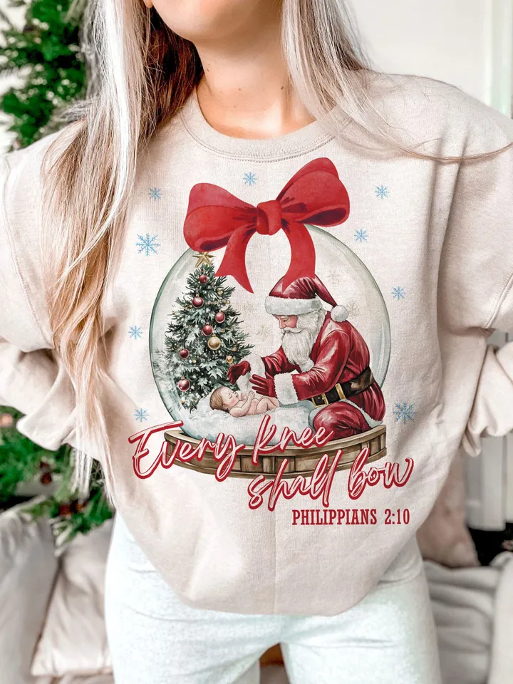 Every Knee Shall Bow PNG sublimation, Nativity Scene Png, Santa Christmas Png, Christmas Shirt, Kneeling Santa Png, Baby Jesus Png