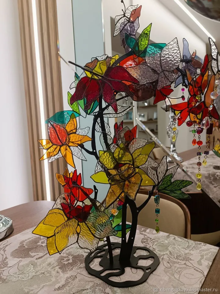 Vertical Flower Branch 3D, 3D Stained Glass Flower Branch, Vertical 3D Floral Stained Glass Branch, 3D Floral Branch in Stained Glass, Vertical Stained Glass Flower Composition in 3D, 3D Stained Glass Blossom Branch, Vertical 3D Flower Design