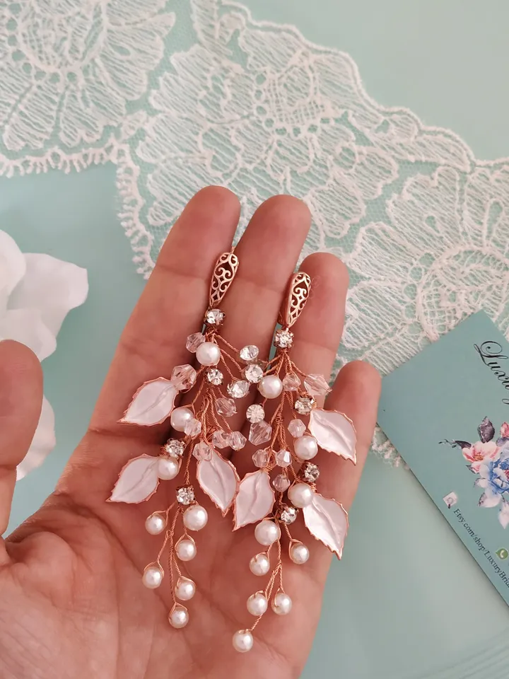 Rose Gold Pearl Boho Wedding Earrings, Leaf Bridal Earrings, Chandelier Statement Earrings, Boho Bridal Earrings, Gold Floral Bride Jewelry