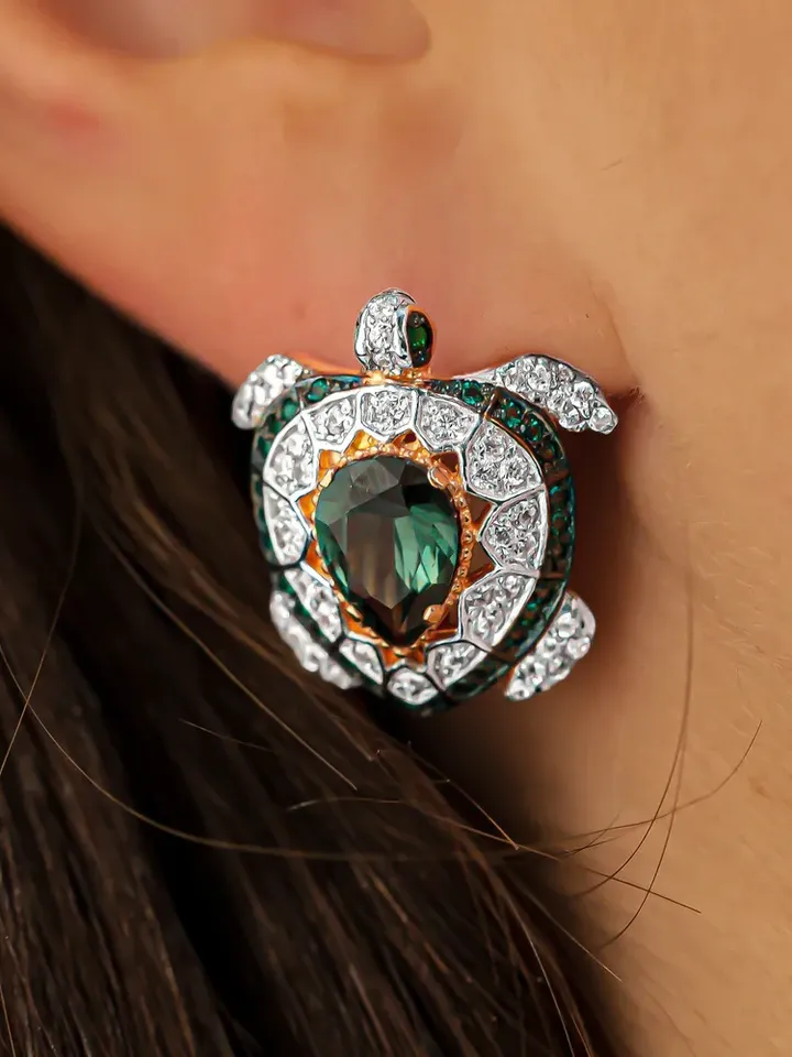 Earrings Silver gold plated 925 assay value with tourmaline and cubic zirconia