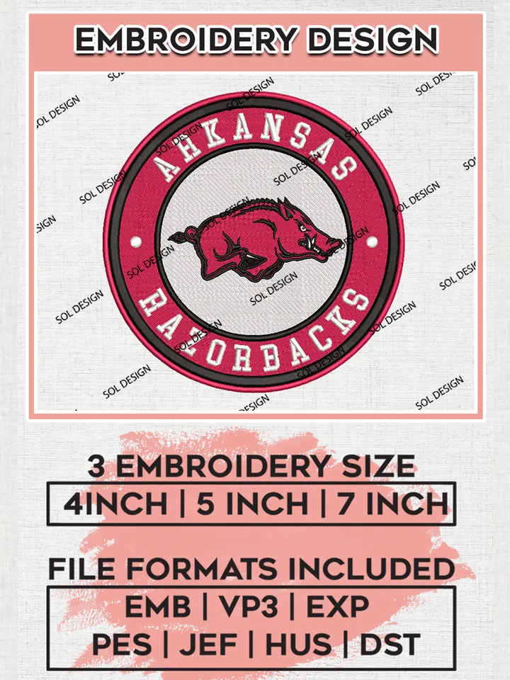 NCAA Arkansas Razorbacks Round Logo Embroidery, NCAA Arkansas Razorbacks Logo Embroidery files, NCAA Teams, Machine embroidery designs, Digital Download