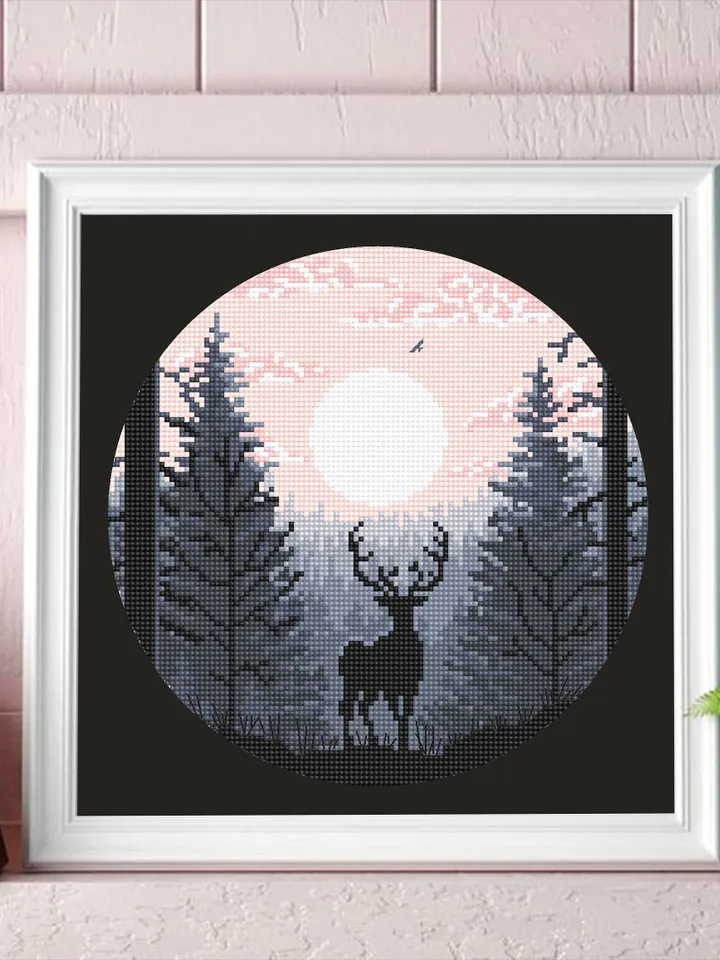Nature landscape cross stitch pattern PDF download Deer cross stitch chart, Simple cross stitch beginner, Forest sunset digital pattern #L74