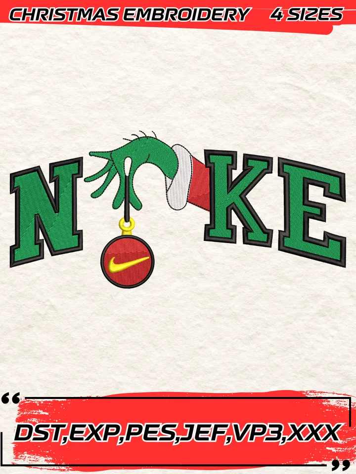 Swoosh Grinch Hand Christmas Embroidery Design,Christmas Embroidery Design,4 Sizes,Digital Download