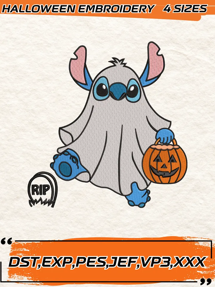 Stitch Ghost with Pumpkin Embroidery Design, Halloween Embroidery Design, 4 Sizes, Digital Download