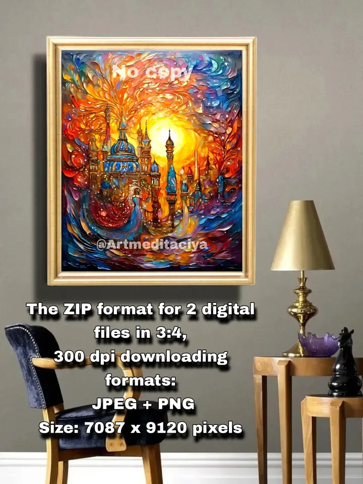 Digital abstract 3d textured modern painting "Oriental fairy tale, 1001 nights". An image of a girl's texture in an abstract colorful city with minarets against a background of moonlight in the style of oil painting with a palette knife