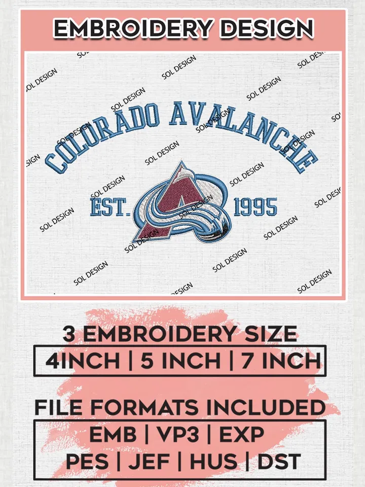 NHL Colorado Avalanche Est 1995 Embroidery Files, NHL Colorado Avalanche Embroidery Designs, NHL Embroidery Designs, NHL Machine Embroidery Designs, Digital Download