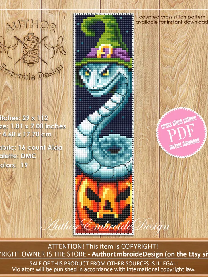 Halloween bookmark cross stitch pattern PDF download Snake witch cross stitch chart, Spooky bookmark pattern digital PDF, Pumpkin #B361