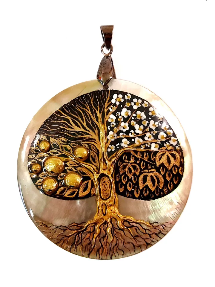 Beautifull Pendant "Tree of life"Mother-of-pearl Hand painted miniature painting magic of painting art jewelry Fedoskino Russian jewelry