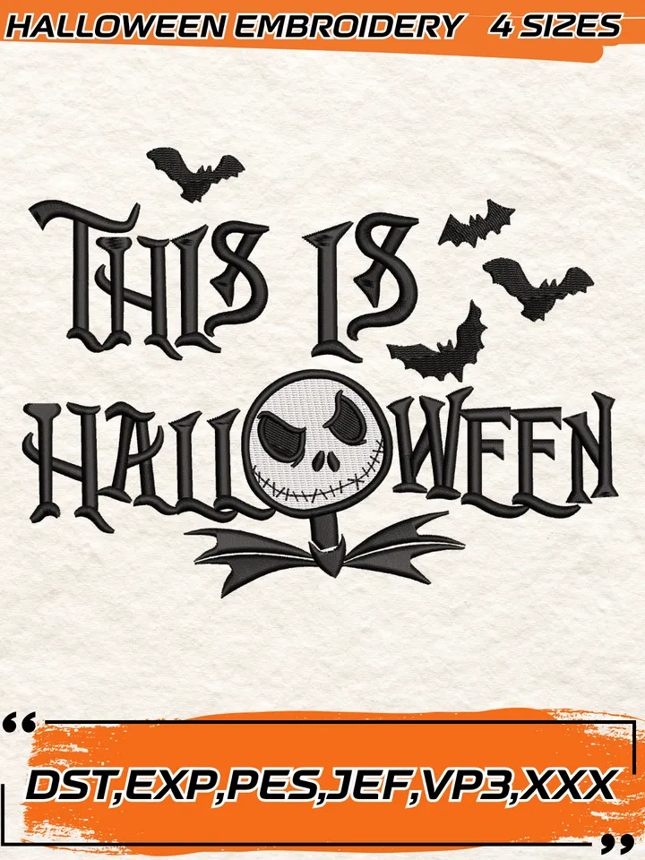 This is Halloween Embroidery Design, Spooky Season Jack Skull, Trendy Embroidery, Embroidery Patterns, Digitizing Machine Embroidery File, 4 Sizes, Digital Download