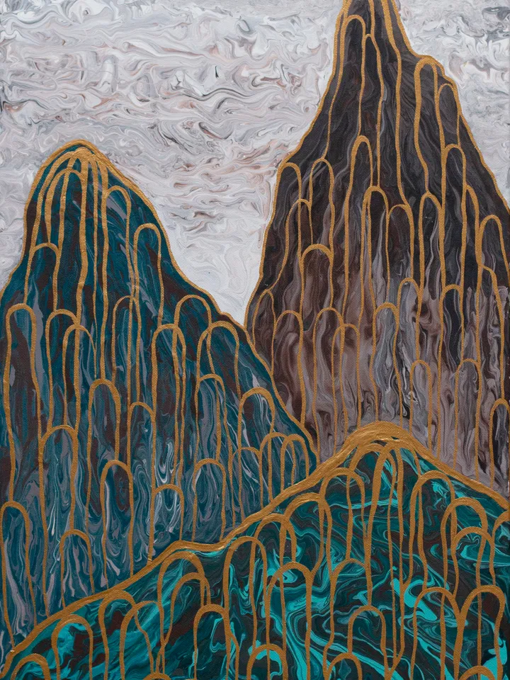 Green Mountains wall art | Elegance, a captivating modern abstract painting depicting majestic mountains | Gold Effect Acrylic Art on Canvas 40x70 cm | Handmade Artwork