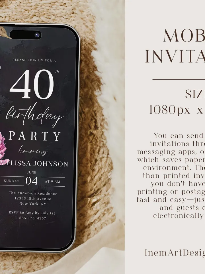 Modern 40th Birthday Canva Template – Moody Burgundy & Blush Peony Floral Invitation, Elegant Dark Background Birthday Party Invite