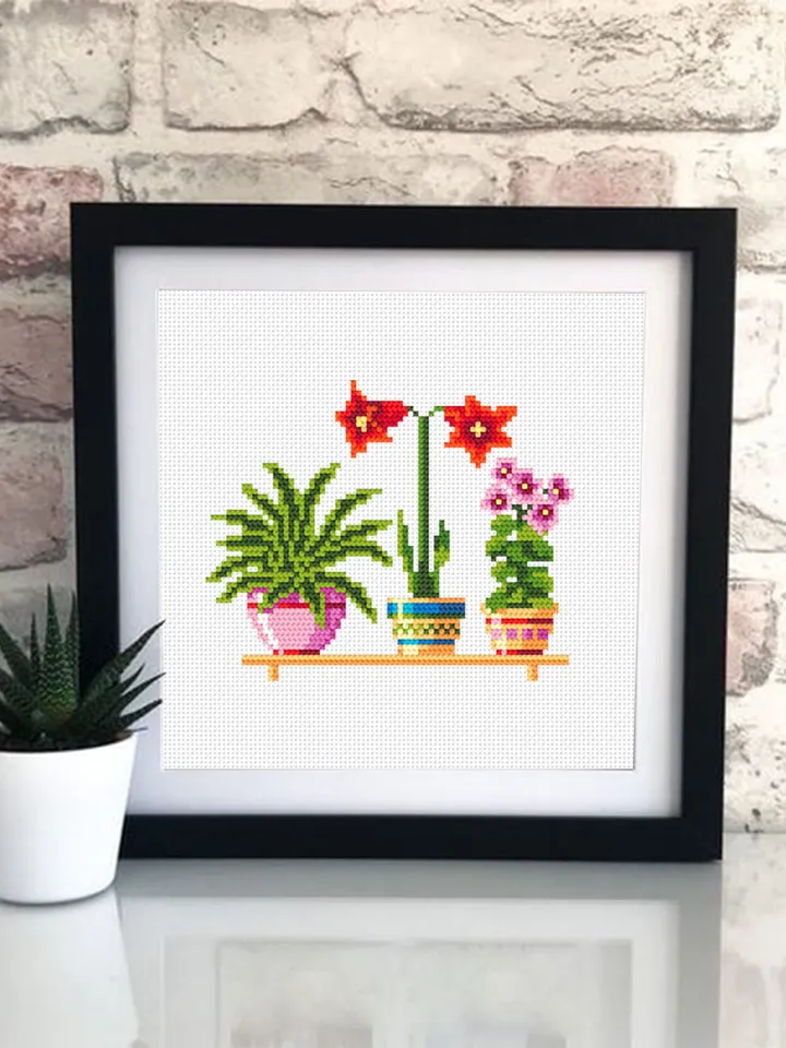 Potted house plants cross stitch pattern download PDF Floral cross stitch chart, Easy small cross stitch sampler, Plant lover gift #P9