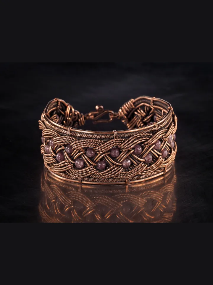 Copper wire wrapped bracelet with amethyst for lady Antique style WireWrapArt