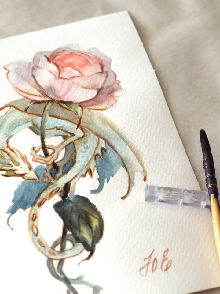 Rose dragon Watercolor painting Original fantasy art by Yulia Evsyukova