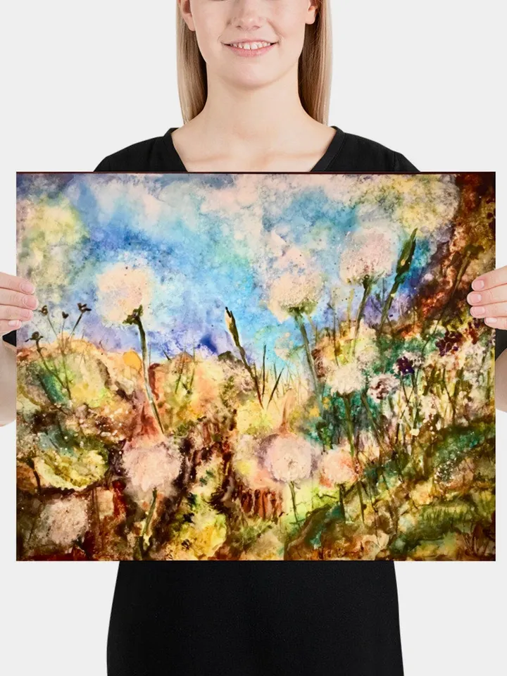 Dandelions Poster from my original mix media artwork on yupo paper,dandelions landscape wall art,home decoration,unique gift.