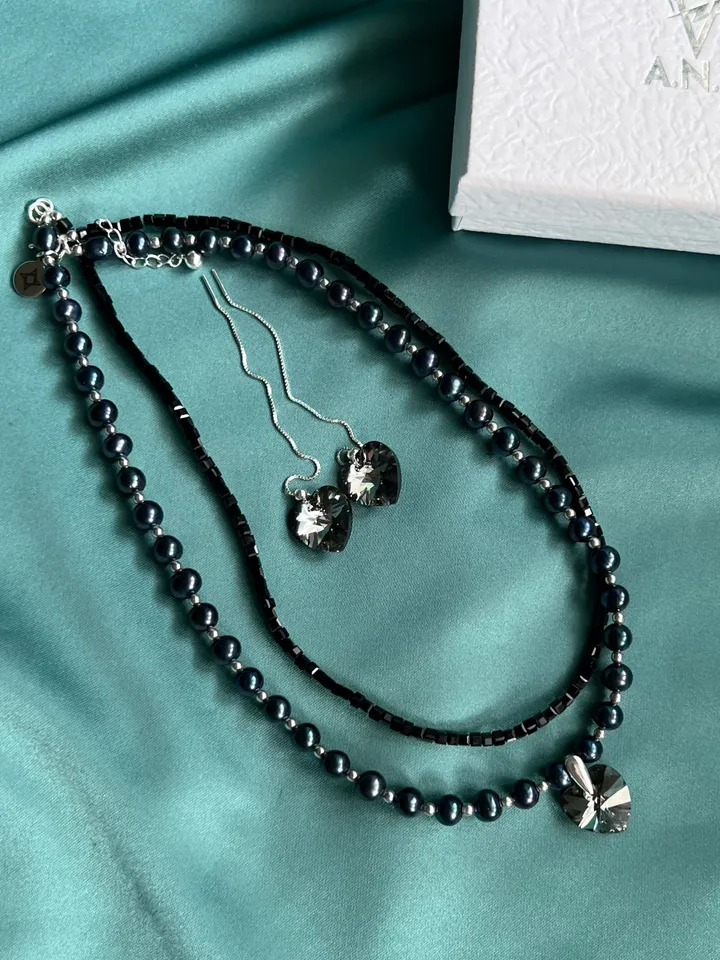 Pearl Silver 925 Jewelry Set Necklace Earrings BLACK HEART