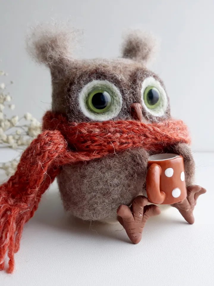 Needle Felted Owl/OOAK Owl/Bird lover gift/Owl holds a mug/Cute Owl/Nursery decor/Birthday Gift/Waldorf Owl sculpture