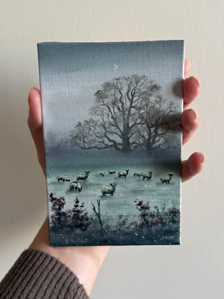 Sheep Original Painting On Canvas Farmcore Art Animal Painting Small Oil Painting Moody Landscape Goblincore Decor