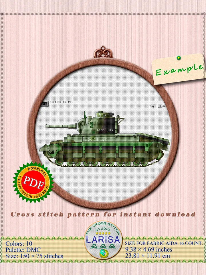 Matilda Cross Stitch Pattern | WWII British Infantry Tank | Matilda II Tank Embroidery Chart