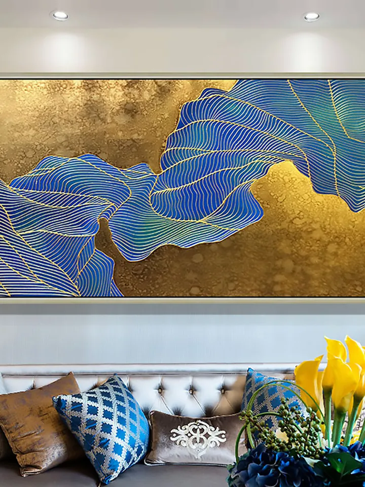 Gold Foil Oil Painting on Canvas, Large Original Abstract Gold Leaf Painting,lake water,Large Wall Art, Living room Wall Decor, Housewarming