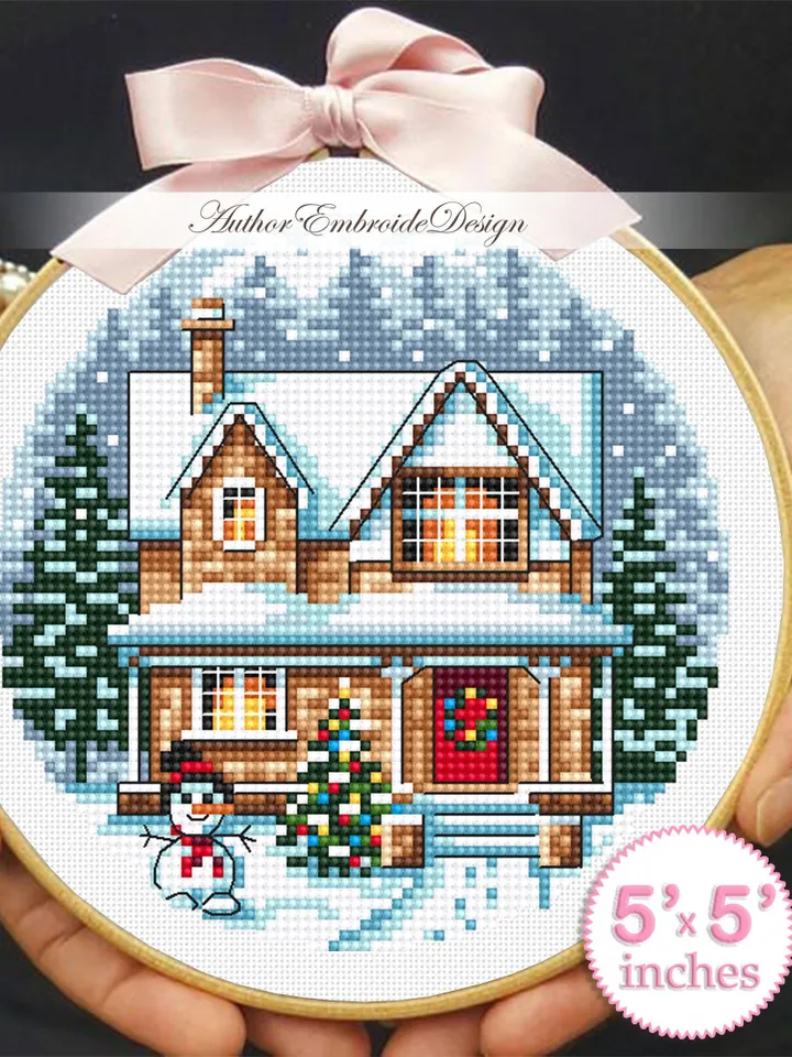 Christmas house cross stitch pattern PDF download Winter landscape cross stitch chart, Christmas pattern digital PDF, House in forest #N182