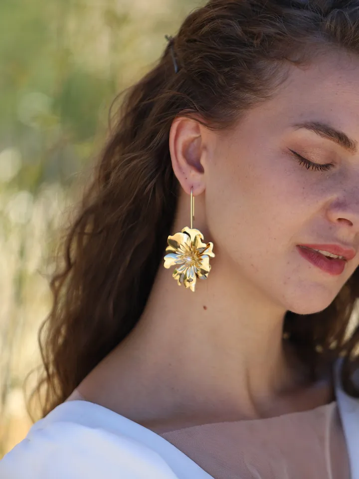 Boho Wedding Earrings, Flower Chandelier Statement Gold Bridal Earrings, Floral Wedding Earrings, Vintage Bohemian Jewelry, Bridesmaid Gift