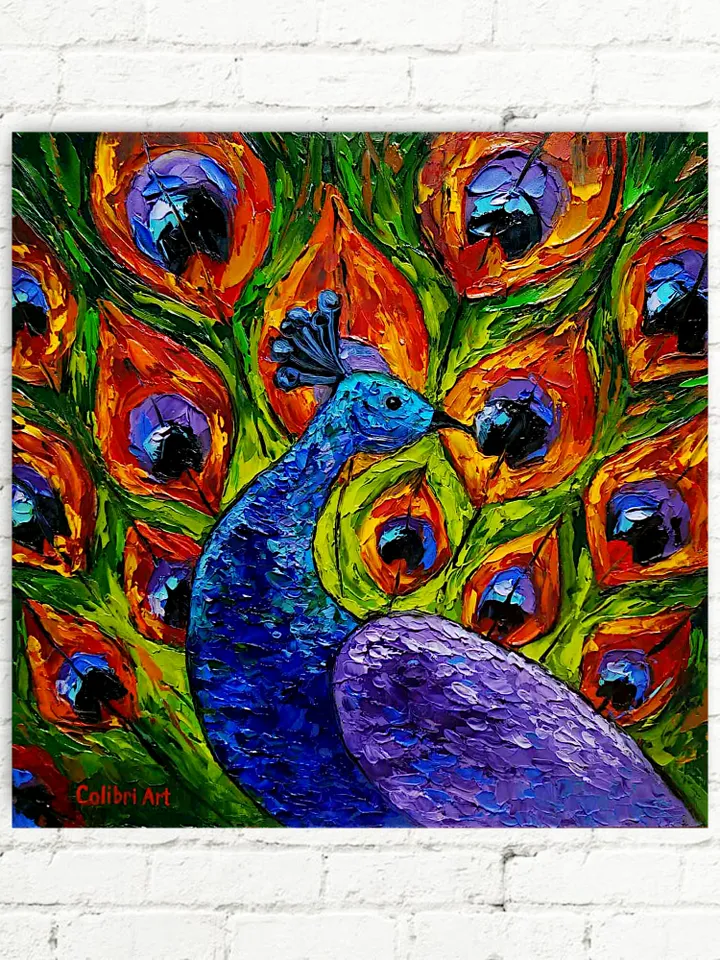 Peacock Painting Bird Original Art Animal Painting Impasto Colorful Wall Art Rainbow Small Art 12" x 12" By Colibri Art