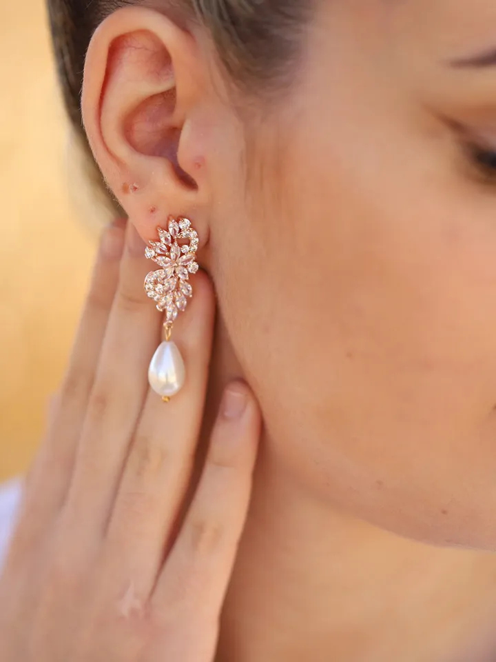 Swarovski Crystal Statement Gold Wedding Earrings, Pearl Chandelier Bridal Earrings, Cubic Zirconia Statement Wedding Jewelry For bride,