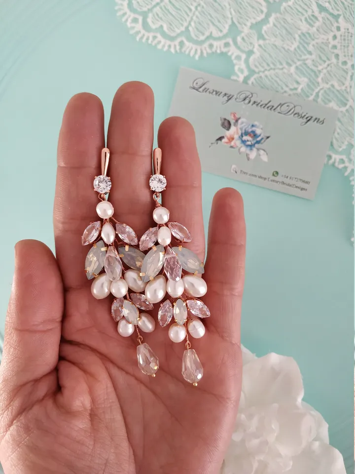 Opal Rose Gold Wedding Earrings, Chandelier Statement Earrings, Cubic Zirconia Wedding Jewelry, Boho Wedding Earrings, Boho Bridal Earrings